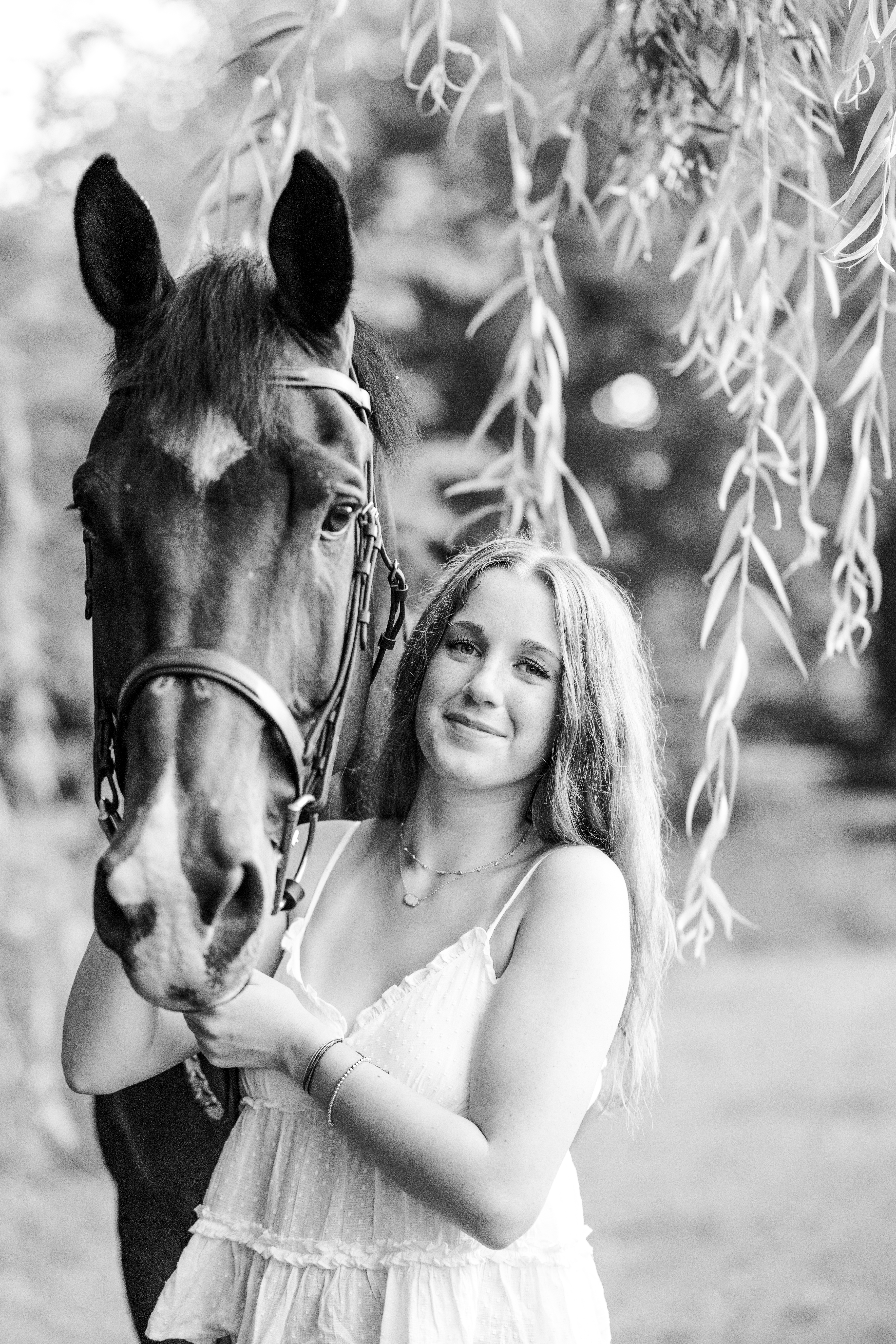 Horse girl hugs her horse beneath a willow tree during equestrian senior photos in Carmel, Indiana