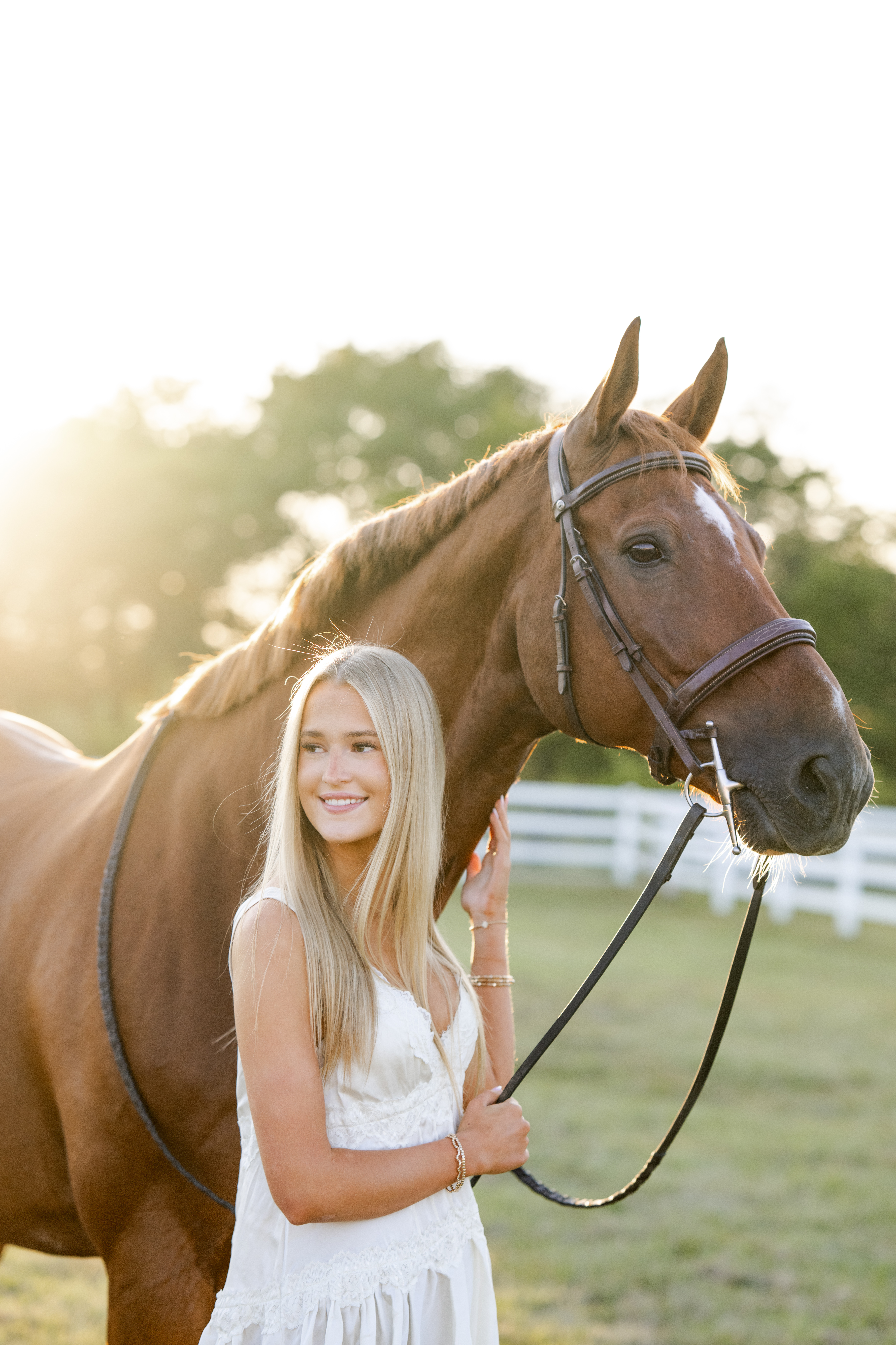 Horse girl stands beside her chestnut horse during golden hour equestrian photos in Sheridan, Indiana.