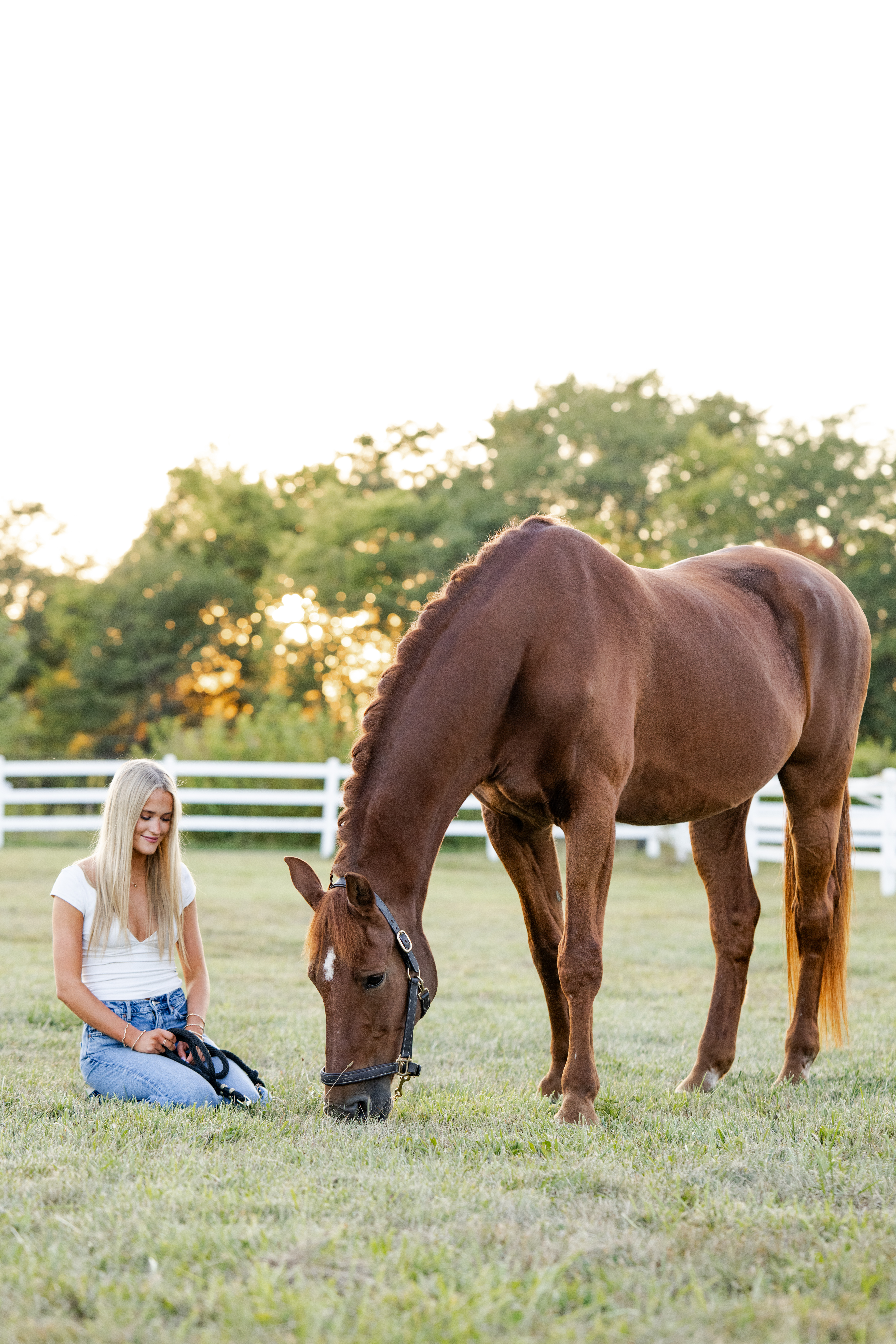 Senior girl kneels beside her retired horse while he grazes in soft evening light during golden hour equestrian photos.